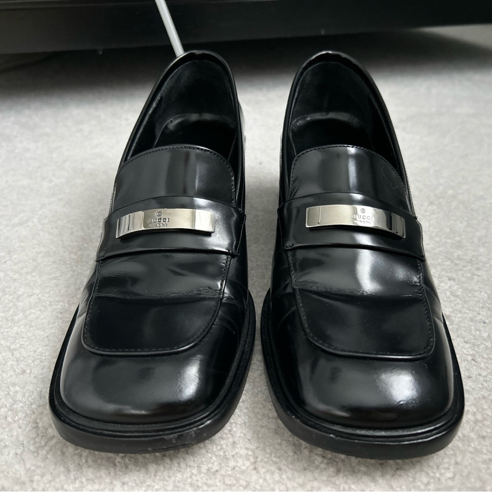 Gucci Black Leather Block Heel Loafer With Silver Metal Size 37 /US 7 B With Box - Picture 4 of 13